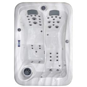 A kétszemélyes JJSPA Gamma 320 masszázsmedence felülnézetből két üléssel, fejtámlákkal, fúvókákkal és skimmerrel.