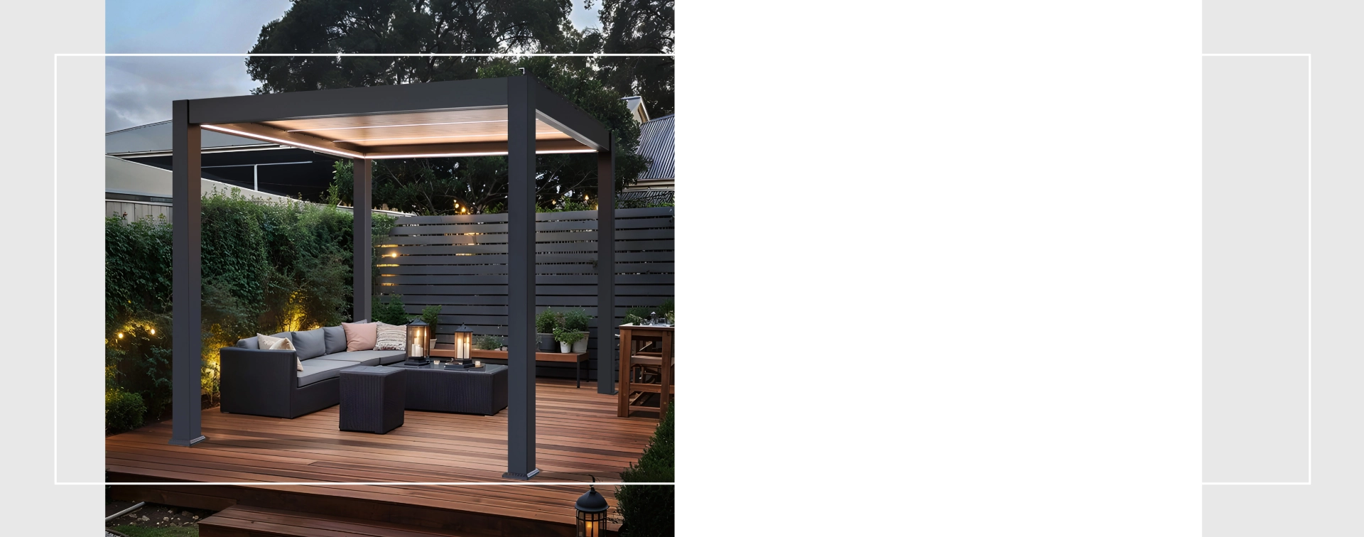 Alumínium pergola fa teraszon, hangulatvilágítással.